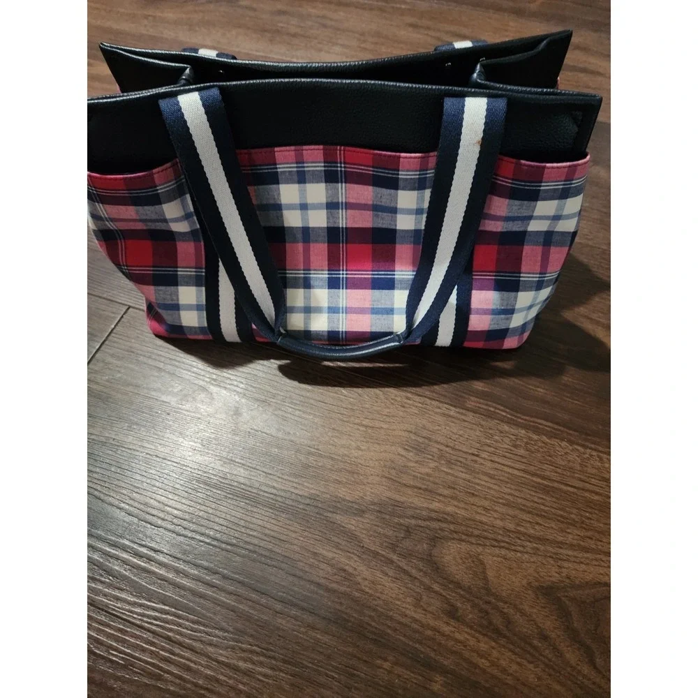 Tommy Hilfiger Red Plaid Tartan Brown Leather Trim Shoulder Bag Purse‎